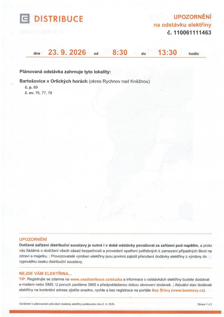 upozornění na odstávku elektřiny 